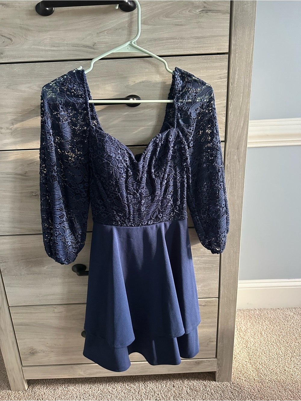 Macy's Navy Lace Long-Sleeve Fit & Flare Dress